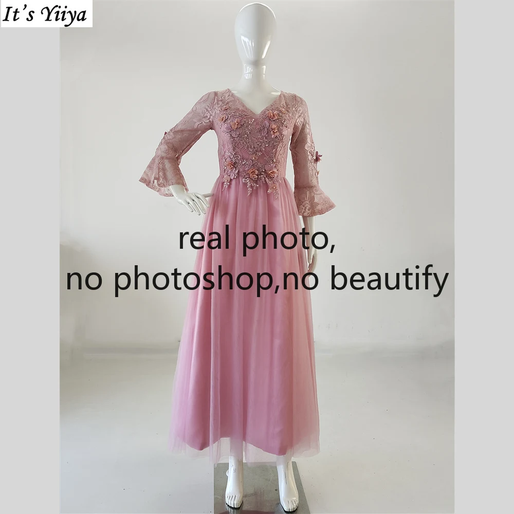 

It's Yiiya Real Photo Evening Dress Pink Floral O-neck 3/4 Sleeves A-Line Floor Length Vestido Plus size Lady Formal Party Dress