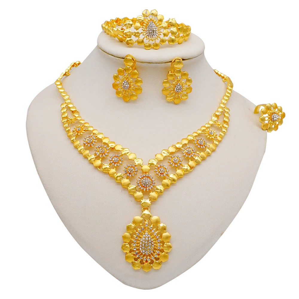 

Ethiopia Dubai Gold Color Jewelry Sets For Women Luxury Necklace Earrings Bracelet Ring India African Wedding Gifts