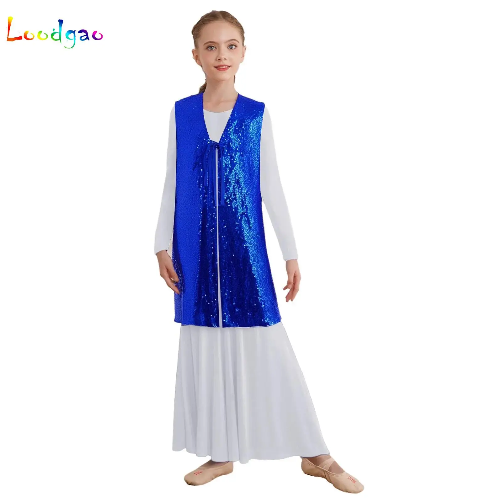 

Girls Praise Dance Vest Worship Tank Pullover with Rhinestone Liturgical Worship Praise Ballet Lyrical Maxi Dress Stage Costume