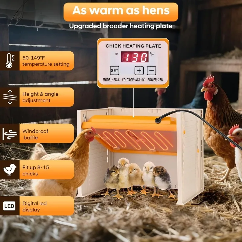 Brooder Plate for Chicks, 25W Heat Plate with Temperature Control, 9.76" x 9.76" Brooder Heater Adjustable Height and Angle, Chi
