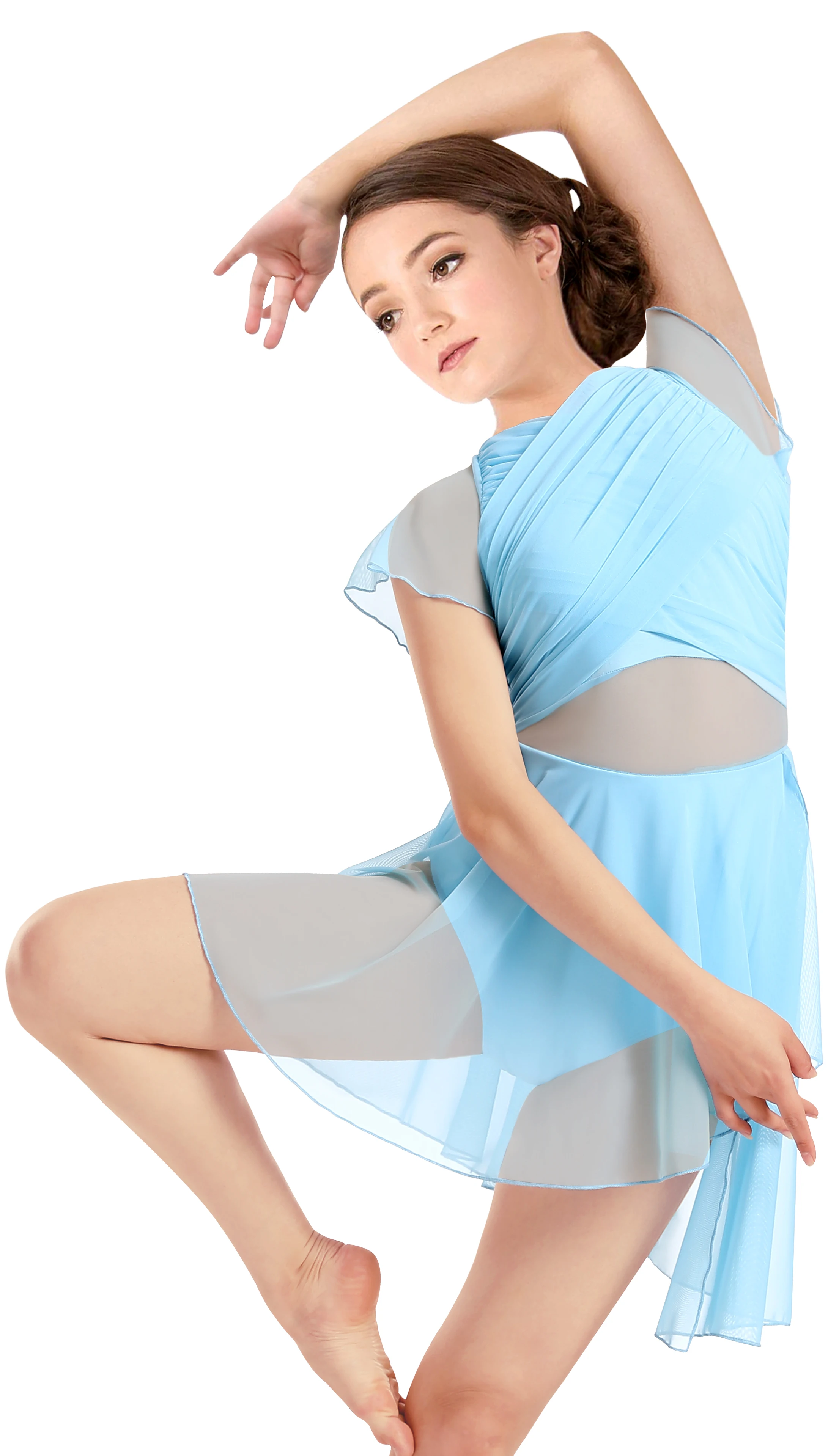Women Dance Dress Flutter Sleeve Mesh Skirted Leotard Lyrical Costume, Water-drop Hollow Back