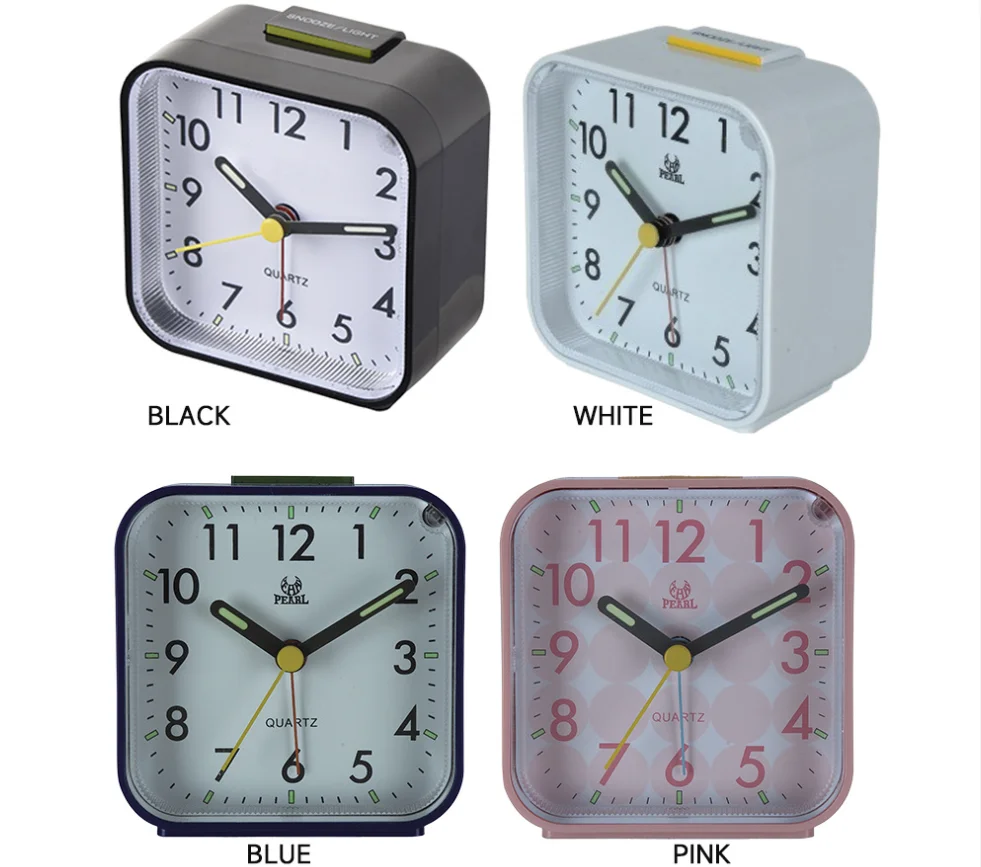 Quadratischer kleiner Wecker, modische Nachttischuhr, geräuschloses Uhrwerk, leuchtender Zeiger mit Nachtlicht mit Weckerfunktion