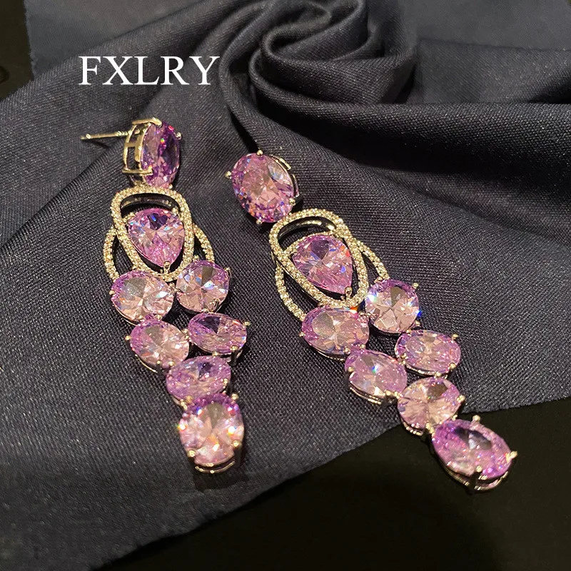 

FXLRY Exaggerated Purple Zircon Crystal Long Earring For Women Elegant Wedding Bridal Earing Retro Jewelry