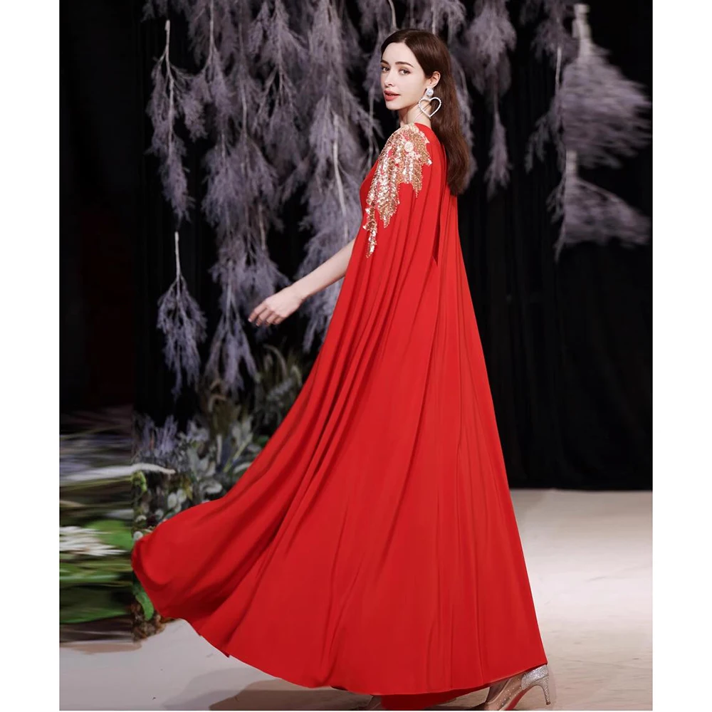 2023 Prom Dress Red O-Neck French Shawl Beads Pearls Ankle Length A-Line Empire Fashion Formal Occasion Dress Evening Dress