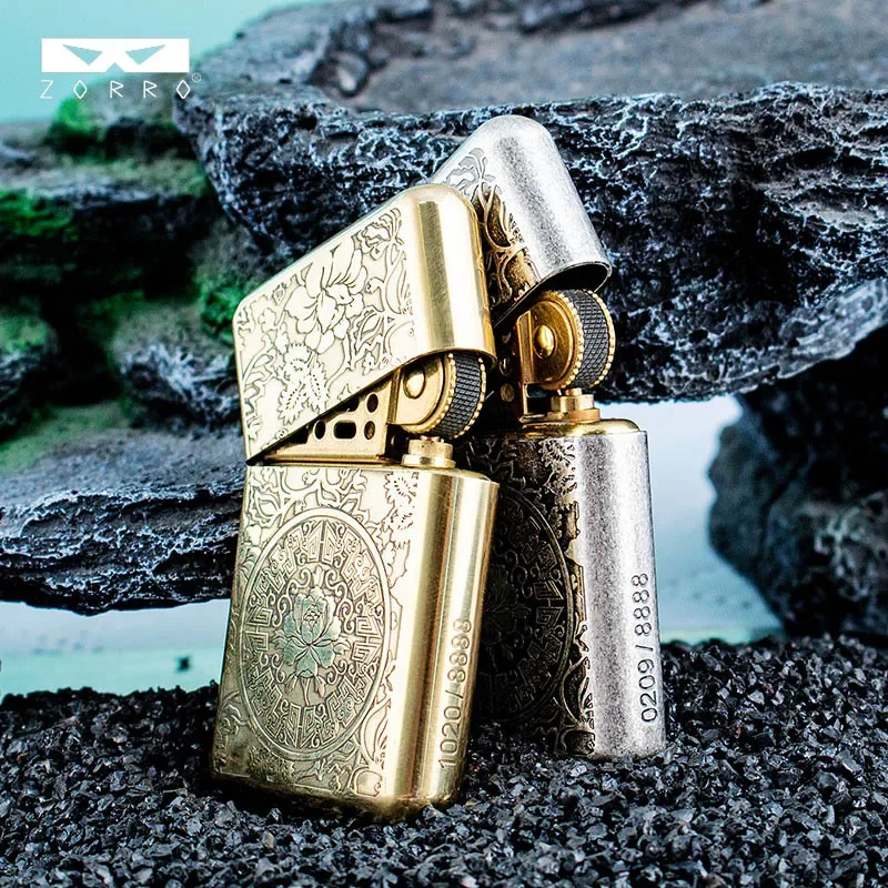 ZORRO Brass Double sided Hand carved Windproof Kerosene Lighter Personalized Retro Collection Wheel ignition Lighters Smoking