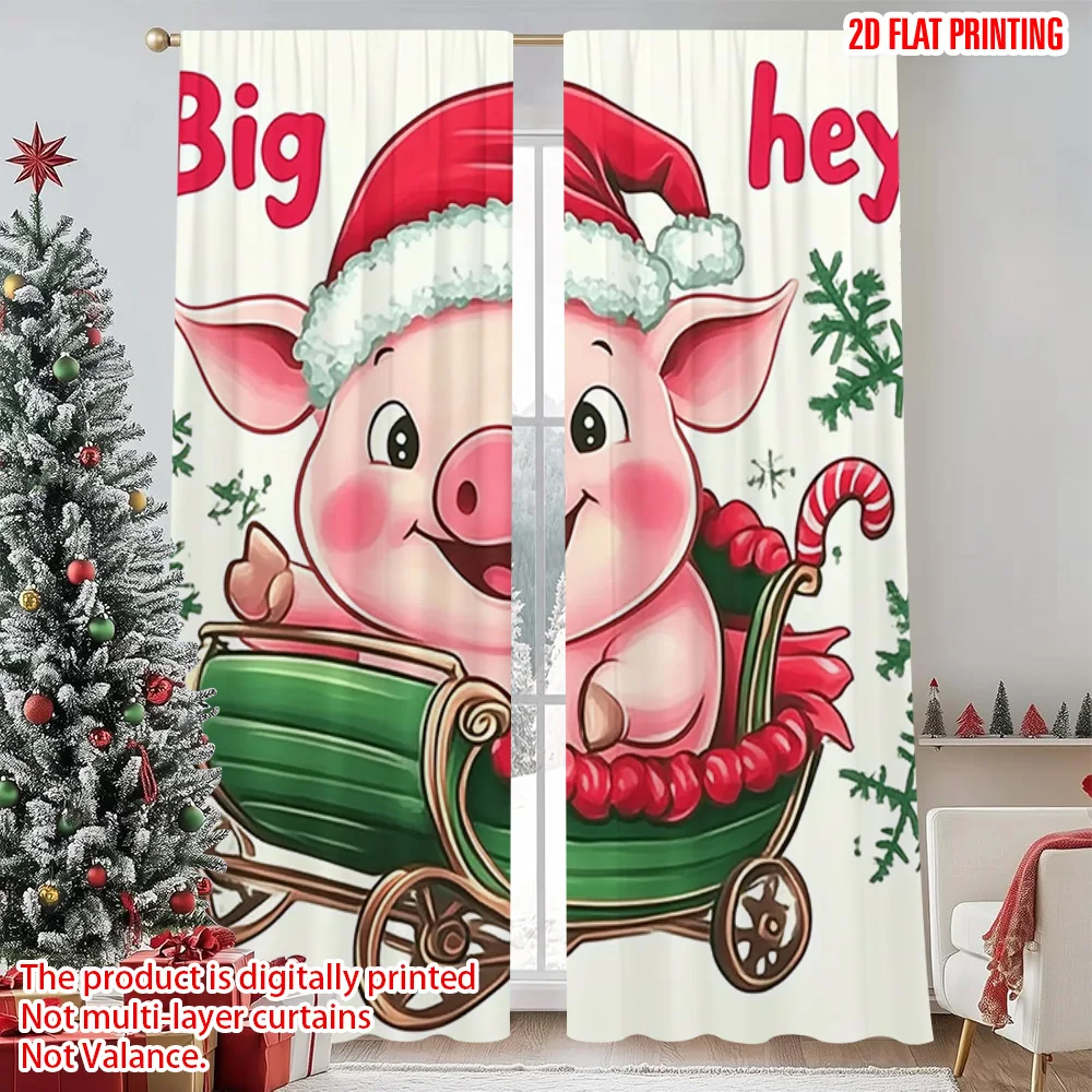 

2pcs 2D flat printing Merry Christmas Curtains Christmas Pig_ Versatile 100% Polyester Without Electricity Festive Wall Decor