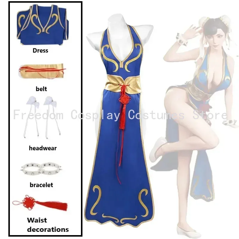 

Костюмы для косплея игры Chun Li Sutorito Faita, синее платье Cheongsam, женское сексуальное боди, головной убор, костюм, одежда для вечеринки на Хэллоуин