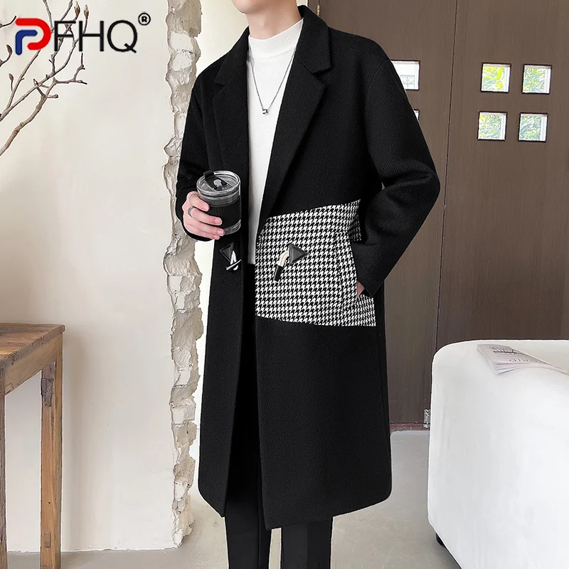 

PFHQ Winter Mid Long Length Over Knee Cotton Thick Woolen Coat Windbreaker 2024 Patchwork Long Sleeve Male Tops Fashion 21Z6555