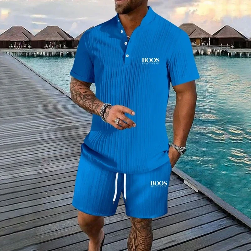 New Embroidered Striped Stand Up Collar Short Sleeved Shorts Shirt Set for Men, Fashionable and Casual Multifunctional Beach Set