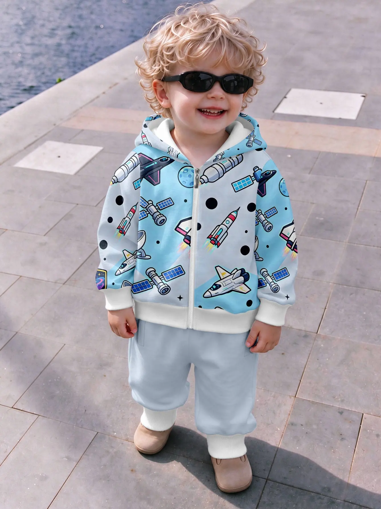 Infant Cream Cartoon Excavator Full-Zip Hooded Sweatshirt and Pants 2-Piece Set Regular Fit Pants with Pockets Industrial Style