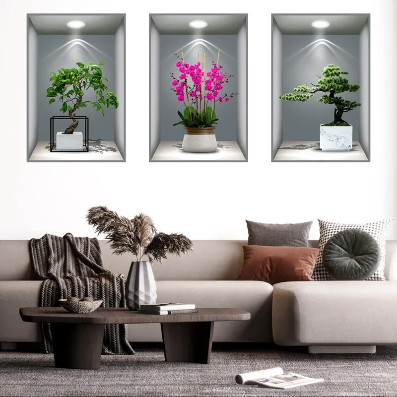 3D Simulation of Plant and Flower Effects Self-adhesive Potted Plant Stickers Corridor and Staircase Decoration Painting