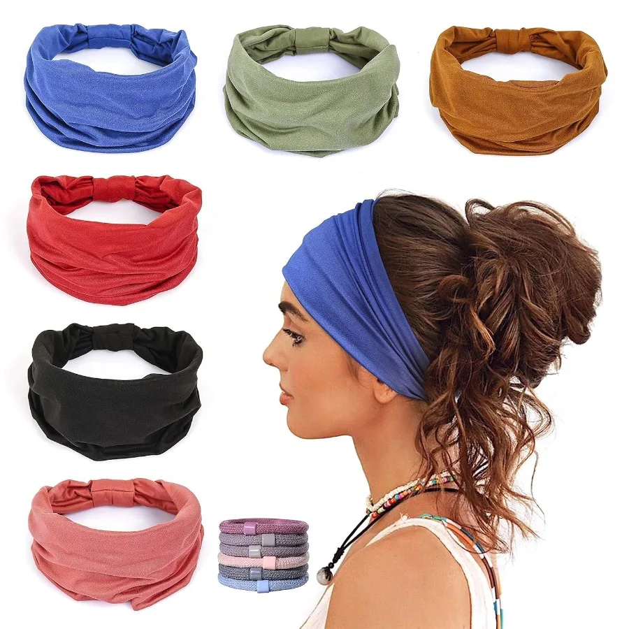 

6 Pack Wide Headbands for Women Non Slip Soft Elastic Hair Bands Ideal for Yoga Running Sports Workout Gym Head Wraps Knotted C