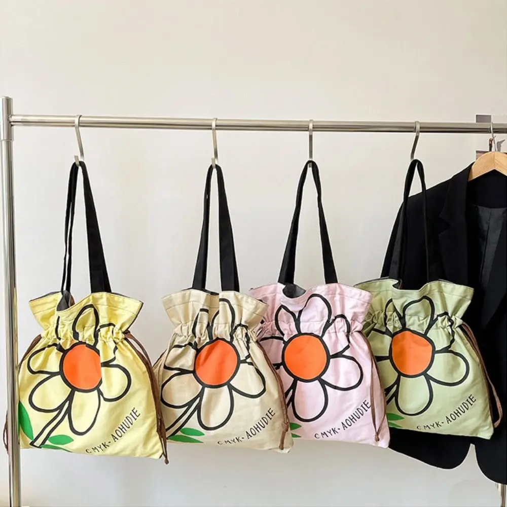 

Lightweight Korean Style Flower Shoulder Bag Large Capacity Printing Cloth Tote Bag Fashion Portable Drawstring Bag Women