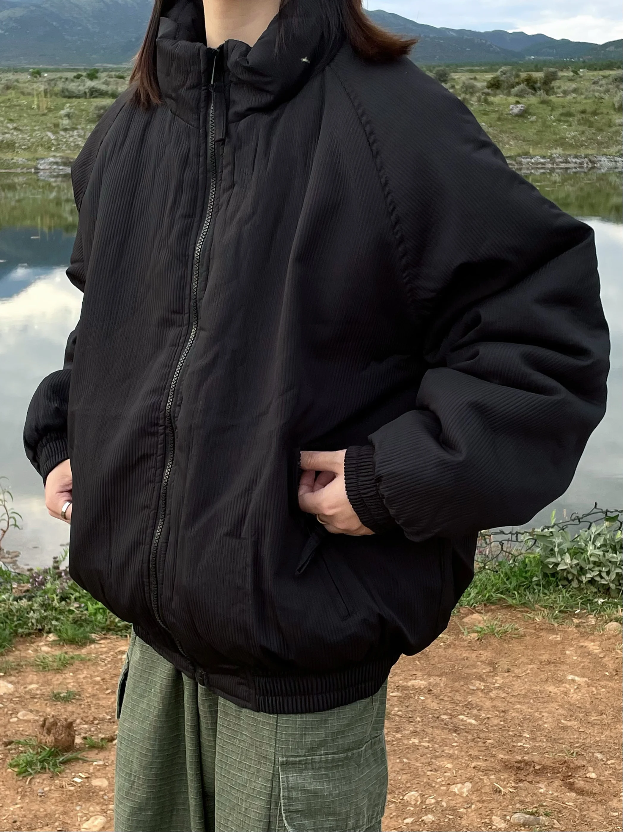 

Thiened Cotton Jaet Men's Casual Loose Warm Coat Retro Stripes Stand Collar Zipper Decorated Long Sve Youth Faion