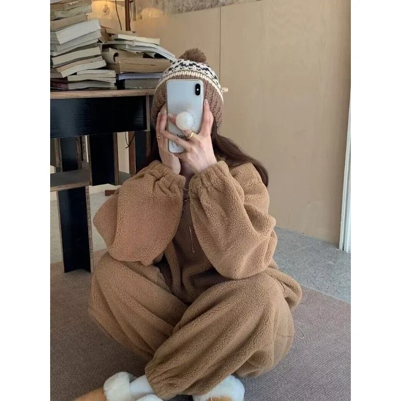 Loose Elastic Waist Binding Leg Loungewear Female Autumn and Winter Can Be Worn Outside Warm Lamb Wool Zipper Thickening Type