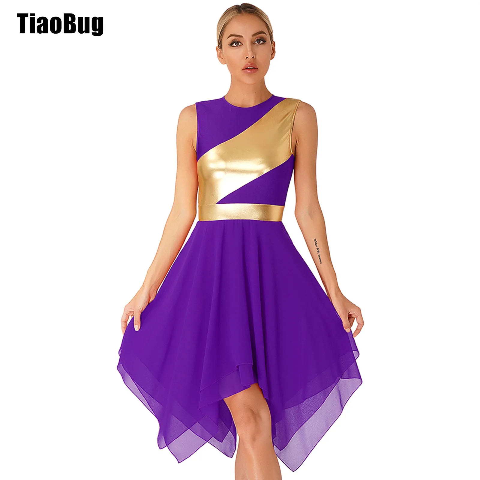 

Womens Modern Dance Dresses Asymmetrical Hem Color Block Invisible Zipper Back Sleeveless Dress Dance Performance Costume