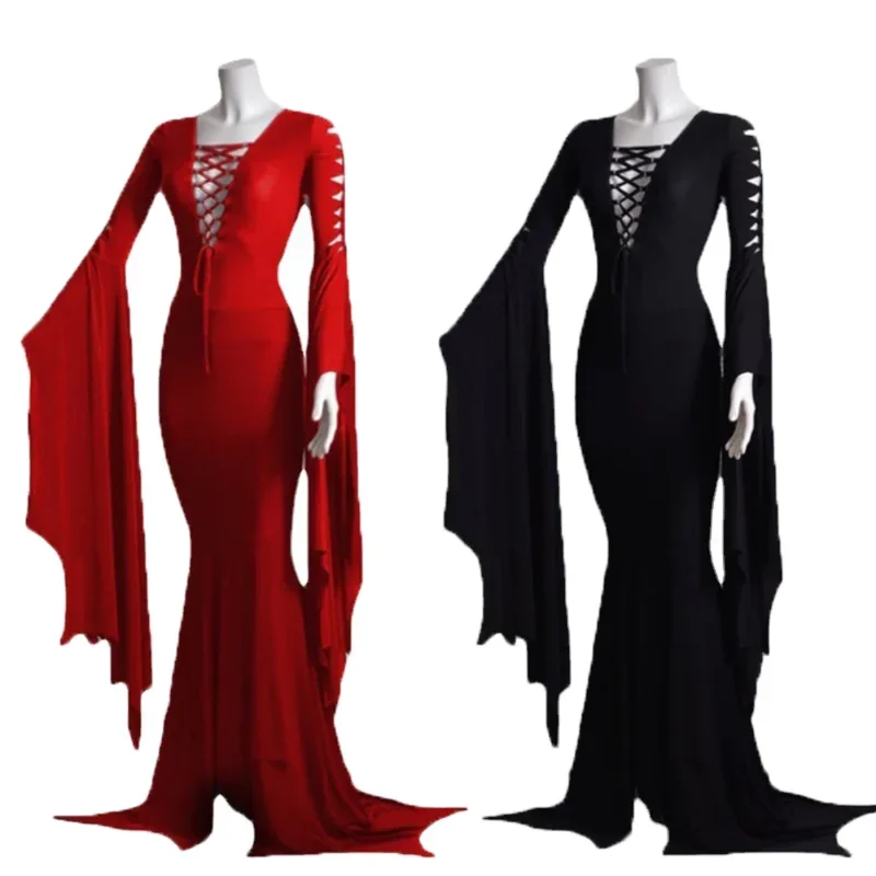 WedMorticia Addams Vampire Lace Up Sexy Witch Ghost Evening Dress for Women Morticia Cosplay Costume Halloween Carnival