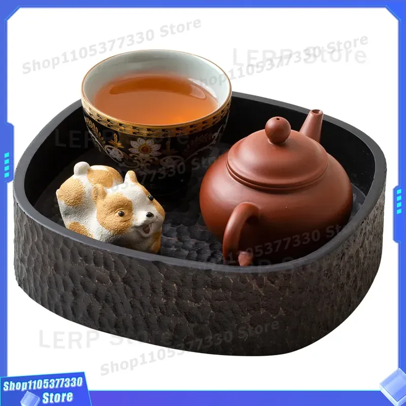 Retro Hand Carved Teak Bento Box Small Tea Tray Portable Dry Bubble Tray Zen Style Single Double Layer Compact Design for