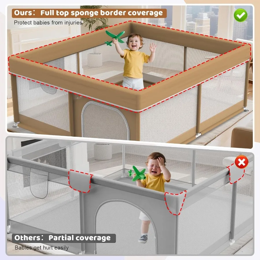 بيبي بلاي يارد 79x71 بوصة - روضة أطفال كبيرة للأطفال - روضة أطفال مع شبكة مرئية وباب بسحاب - مع مقبضين وحقيبة تخزين