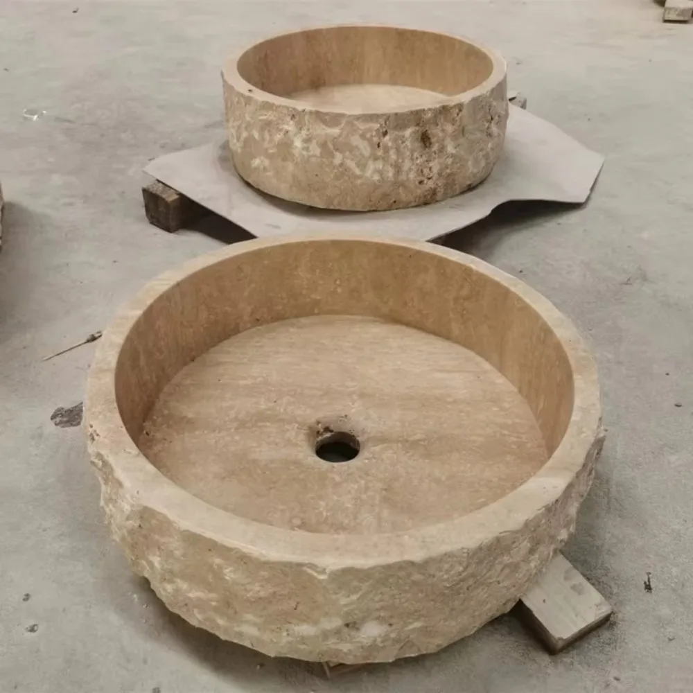 Beige Travertine Marble Round Wash Basin for Home and Hotel Decor