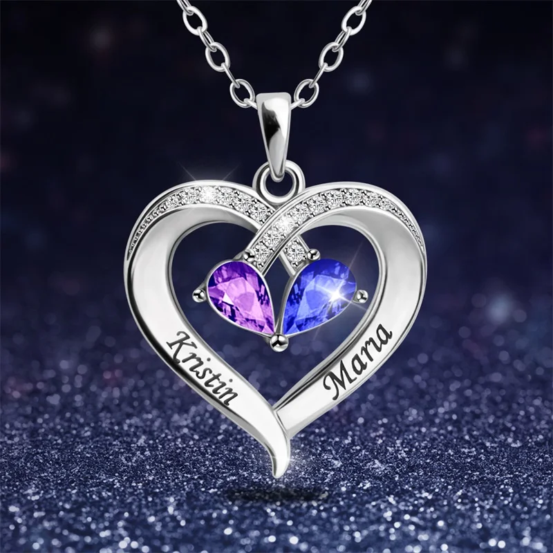 Personalized Name Birthstones Necklace Custom Name Heart Pendant with Engraved Names Necklace Anniversary Birthday Jewelry Gifts - Image 2