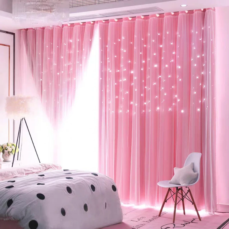 

Princess Style Colorful Double Layer Stars Curtains for Living Room Girl's Bedroom Kids Room Pink Blue Window Blackout Custom