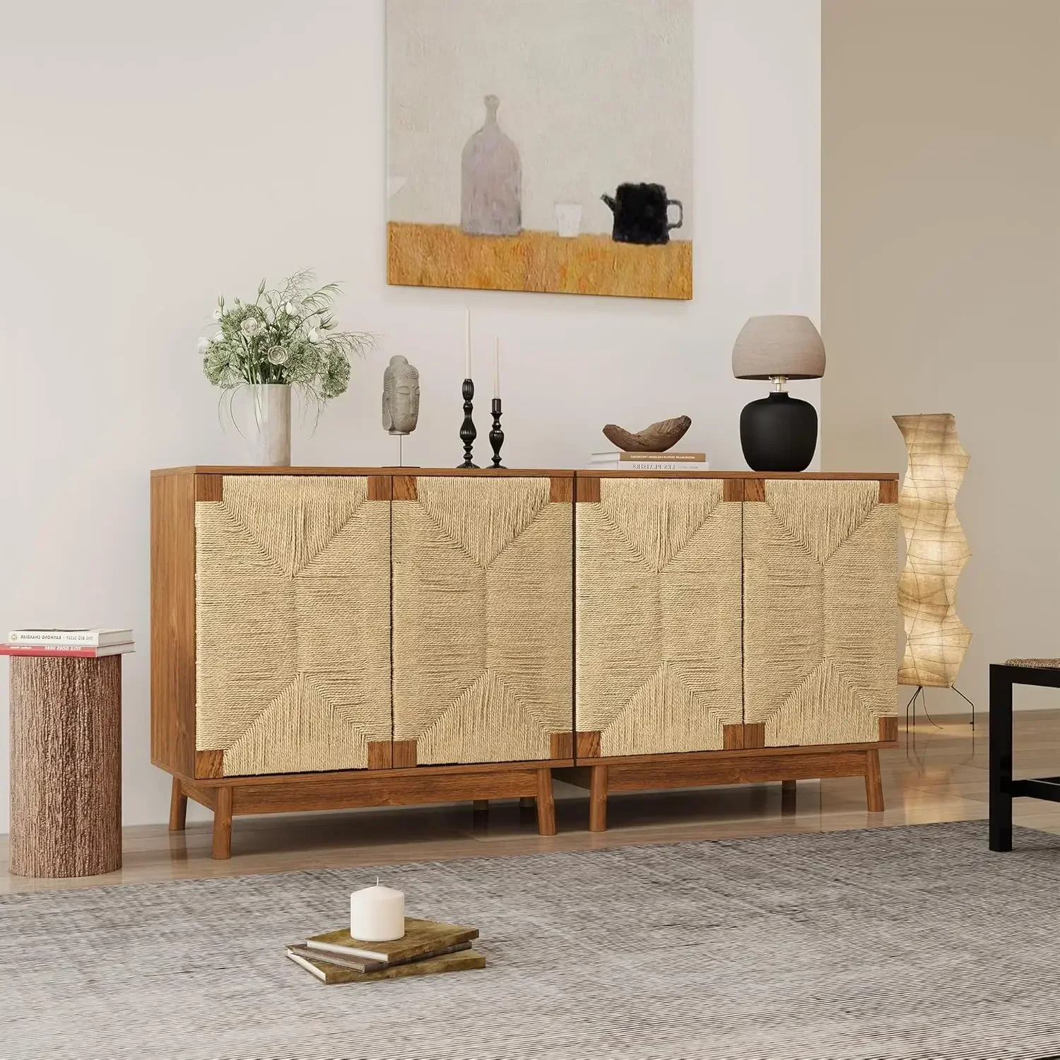 Accent Sideboard Cabinet with Solid Wood Legs, Boho Buffet Cabinet with Natural Fiber Paper Rope Hand-Woven Doors