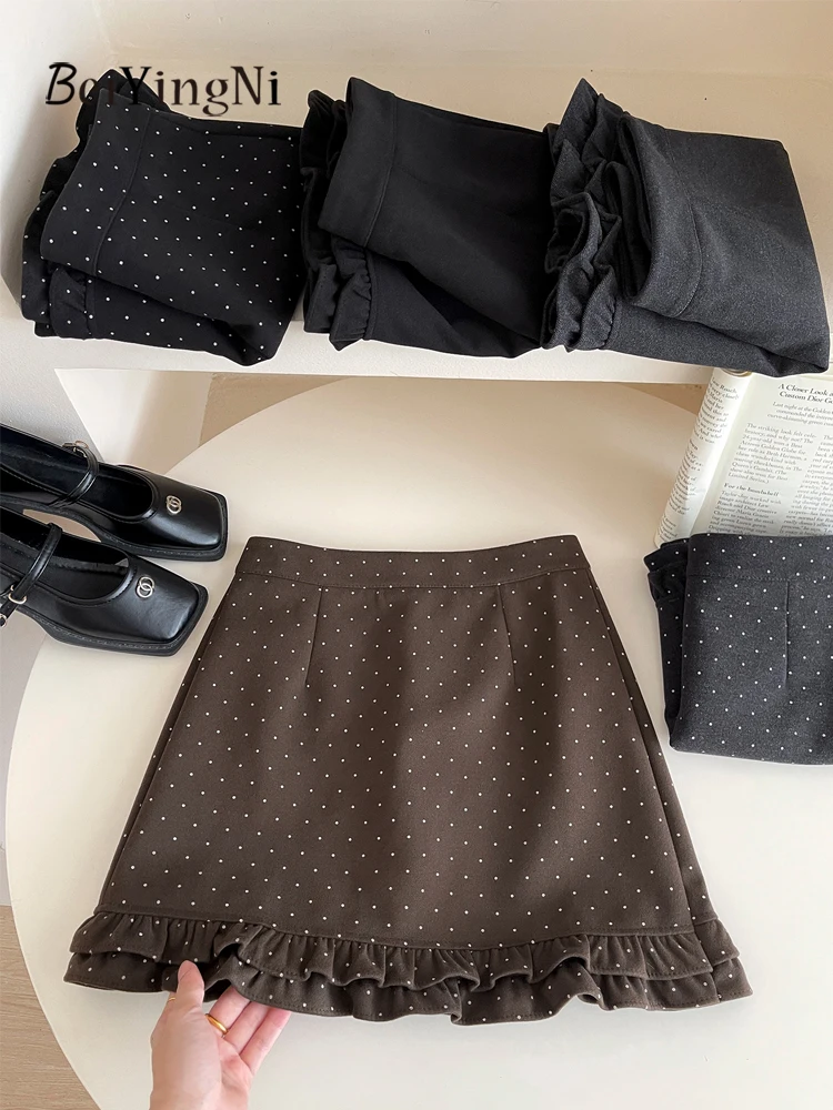 

Beiyingni Autumn Winter Women's Woolen Short Skirt Edible Tree Fungus Kpop Casual A-line Skirts Ladies Elegant Dots Print Faldas