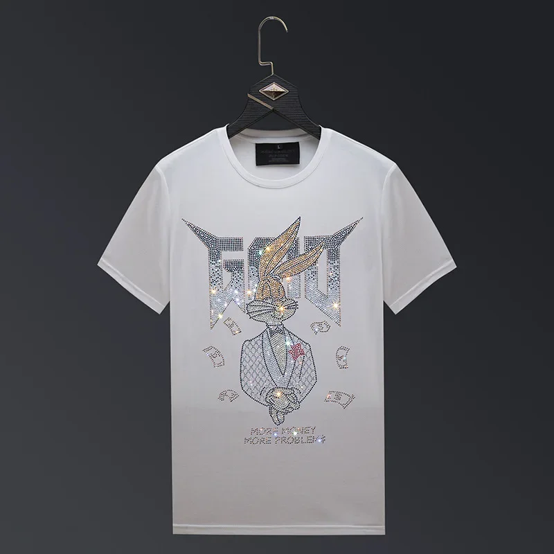 2024 Cartoon T Shirts Men Fashion Streetwear High Quality Rabbit Diamonds Short Sleeve O Neck Slim T-shirts Man Anime Clothes