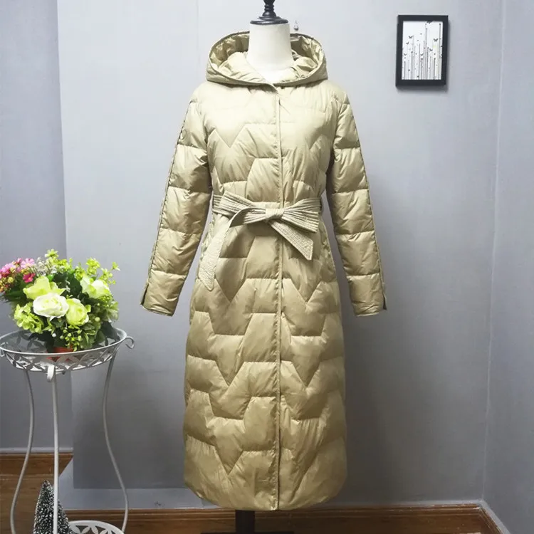 European Style Autumn Winter New Down Jacket Women Mid Length Lace Up Hooded Windproof Warm White Duck Down Women Coat Parkas