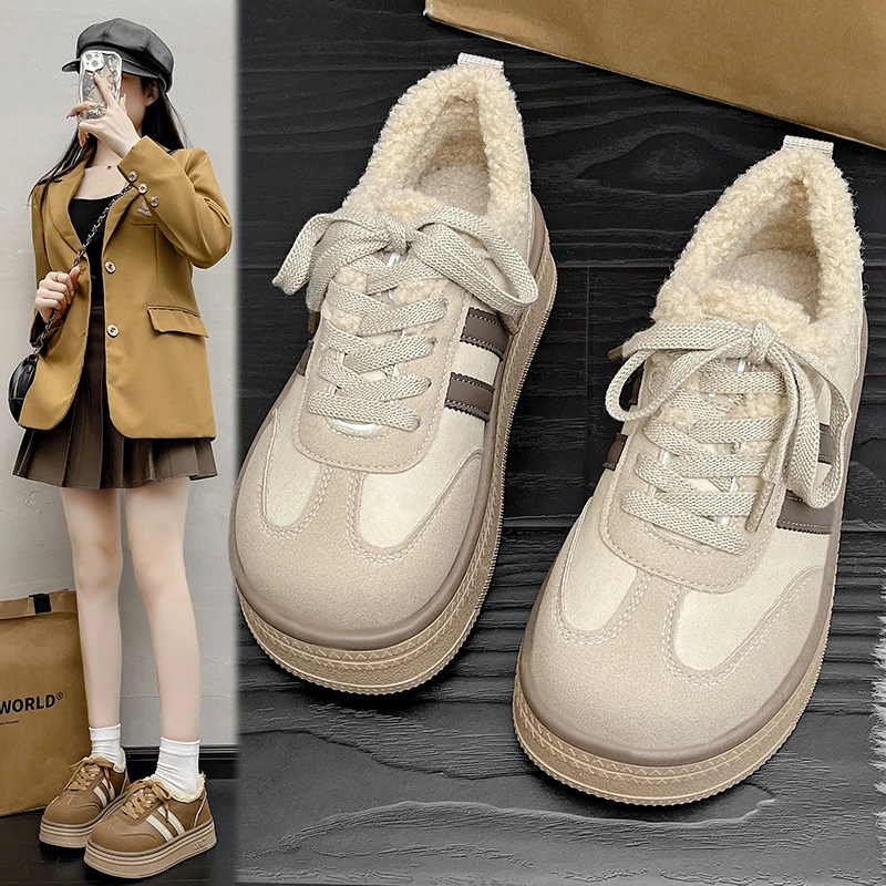 

Women's Thick Sole Casual Shoes Anti-slip Round Head Keep Warm Lace Up Shoes Flat Middle Follow Front Lacing Velvet Lining 2024