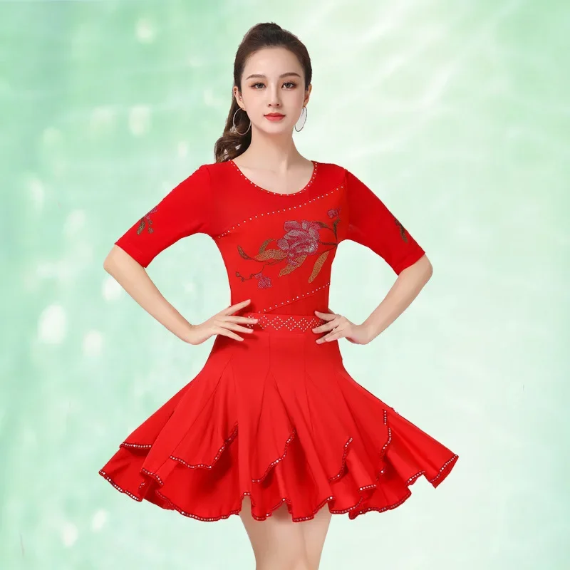Fato feminino para dança latina, top de manga três quartos, dança de salão, vestido moderno para competição