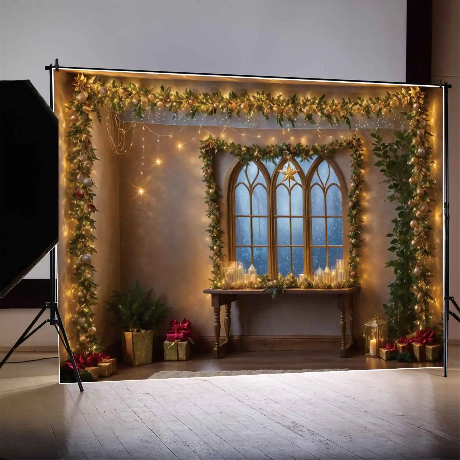 MOON.QG Backdrop Christmas Gift Gold Lights Village Decorations for Home Background Arch Window Star Carpet Floor for Photoshoot