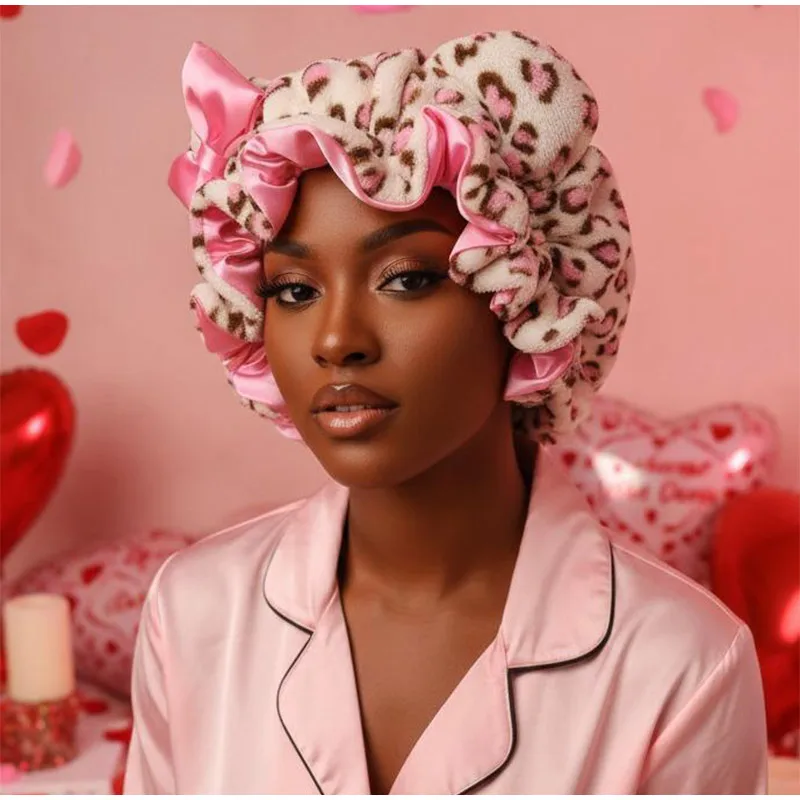 Cute Leopard Bow Plush Ear Nightcap Absorbent Quick-drying Soft Pullover Cap Curly Hair With Adjustable Head Circumference