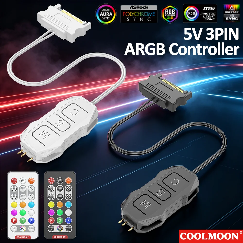 ARGB-Controller 5V 3-Pin zu SATA-Stromversorgung Mini-RGB-Controller Fernbedienung 3-Pin-Hub Computer-CPU-Gehäuse Kühlerlüfter LED-Licht Radiator