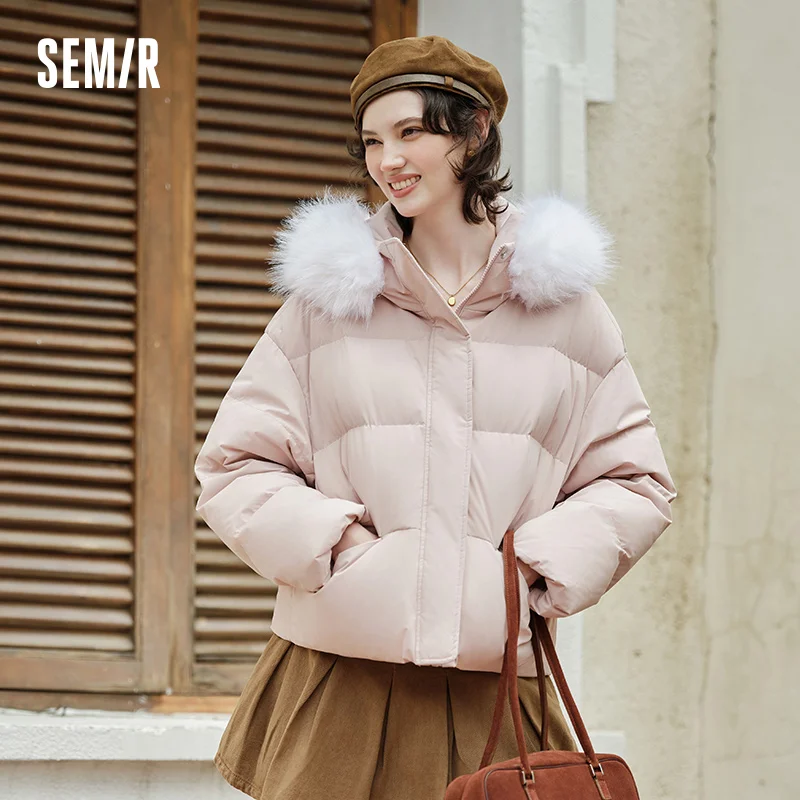 Semir Down Jacket Women Fur Collar Hooded Warm Simple Versatile New Winter 2024 Waterproof Windproof Loose Bread Coat