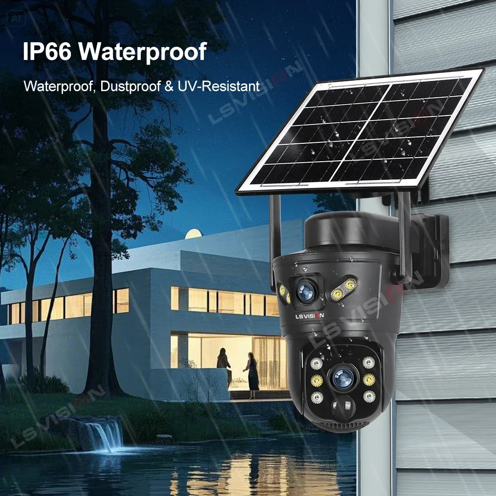 LS VISION 8MP 4G Sim كاميرا تعمل بالطاقة الشمسية شاشة مزدوجة لاسلكية في الهواء الطلق واي فاي PTZ 2-Way Talk Human Auto Tracking Security Camera V380 Pro