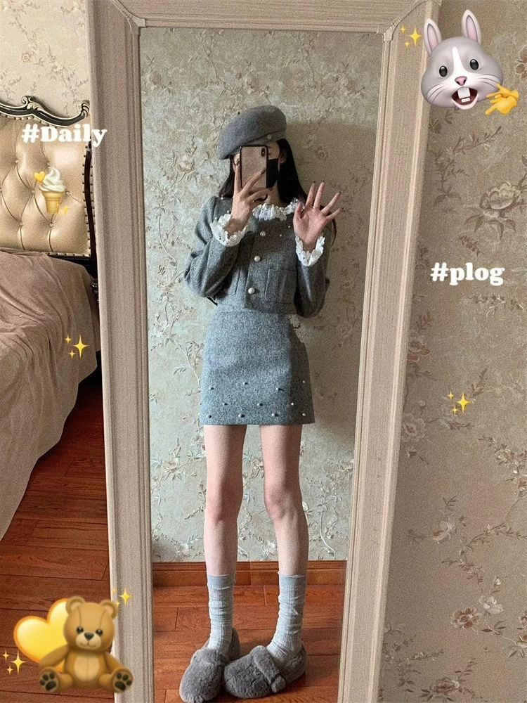 French Vintage Solid Patchwork Two Piece Set Women Elegant Long Sleeves Coat + Mini Skirts Suit Buttons Design Sense Outfit 2026