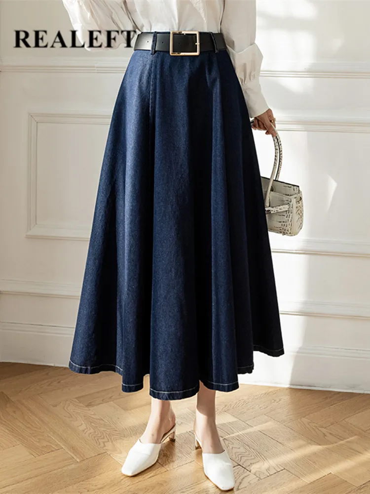 

REALEFT 2022 New Denim mi-long Women's Skirts with Belted Spring Summer High Waist A-line Skirt Mid-calf Umbrella Jeans Skirts