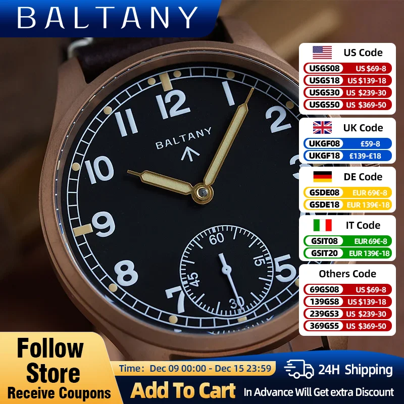 Baltany Dirty Dozen Homage Watch 42mm Dial Seagull ST3620 Manual Mechanical 50M Waterproof Retro Bronze D12 Military Men Watches