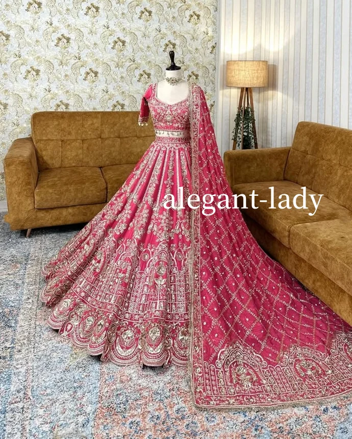 Luxury Pink Indian Saree Wedding Dresses Exquisite Short Sleeve Appliqued Lace A-Line Party Long Customised vestidos de fiesta