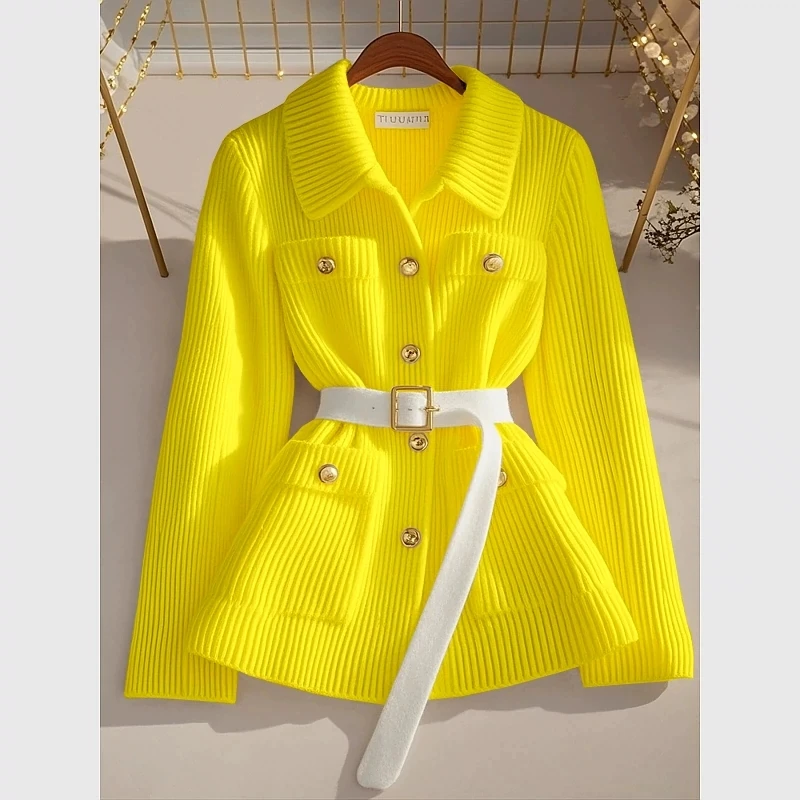 Fashion Chic Yellow Knitted Cardigan Sweater Women Spring Autumn Top Coat Femal Knitwear single-breasted solid Sweater 2025 New