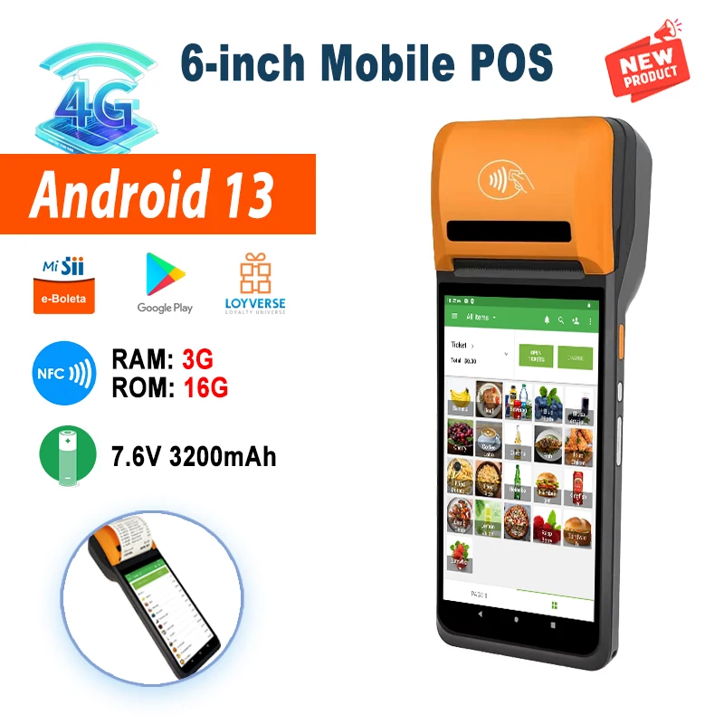 6 Inch Android 13 Mobile POS 3G+16G Memory 2D Scanner PDA with 58mm Printer, Loyverse Shopify Supported