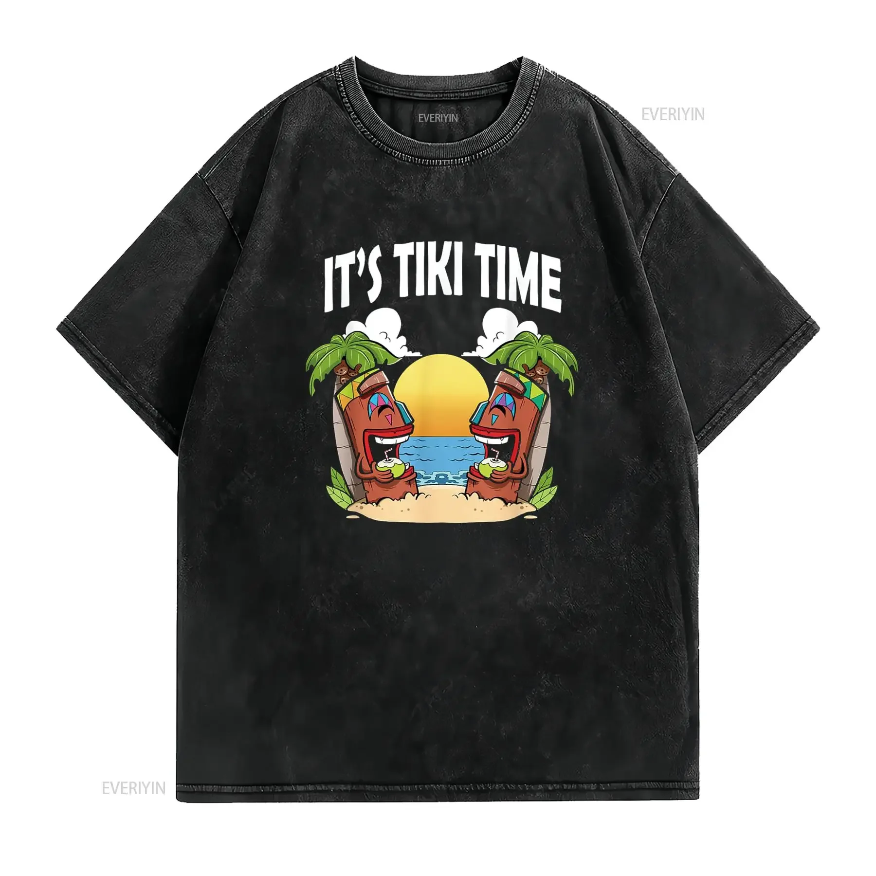 Tiki T Shirt Men Head It s Time Hawaiian Luau Women vintage Washed Unisex Breathable Stretched Slightly graphic Casual