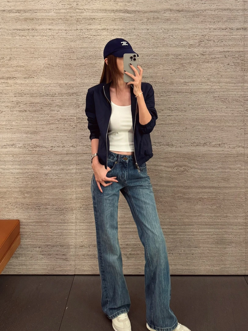 

Женские джинсы Mbnlf "Chord Denim" с расклешенными штанинами, модель Xmxnz9060, повседневные, из смесового хлопка, с высокой талией, на молнии, синие
