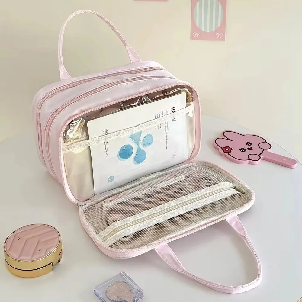 Fashion 3 Layer Travel Cosmetic Bag Lightweight Puffy Toiletry Bag Large Capacity Wide-open Design Bow Makeup Organizer