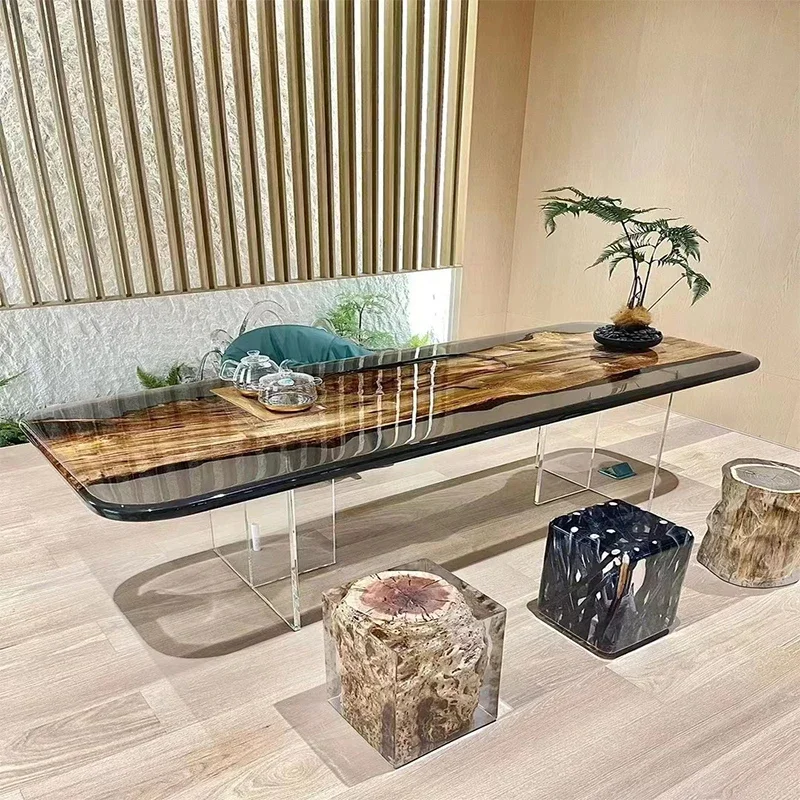 Epoxy resin river table tea black walnut log desk solid wood resin large board crystal  glacier tea table