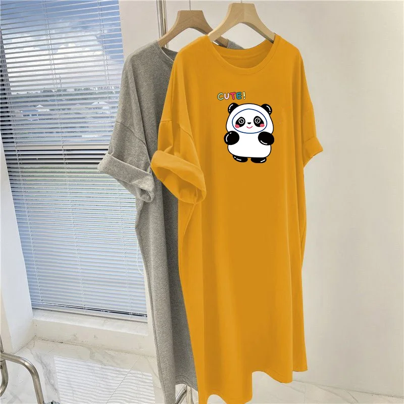 Summer O-neck Cartoon Printed Tunic, Women Clothing Casual Loose Basic Pullovers Dress, Fashion Short Sleeve Overknee Dresses