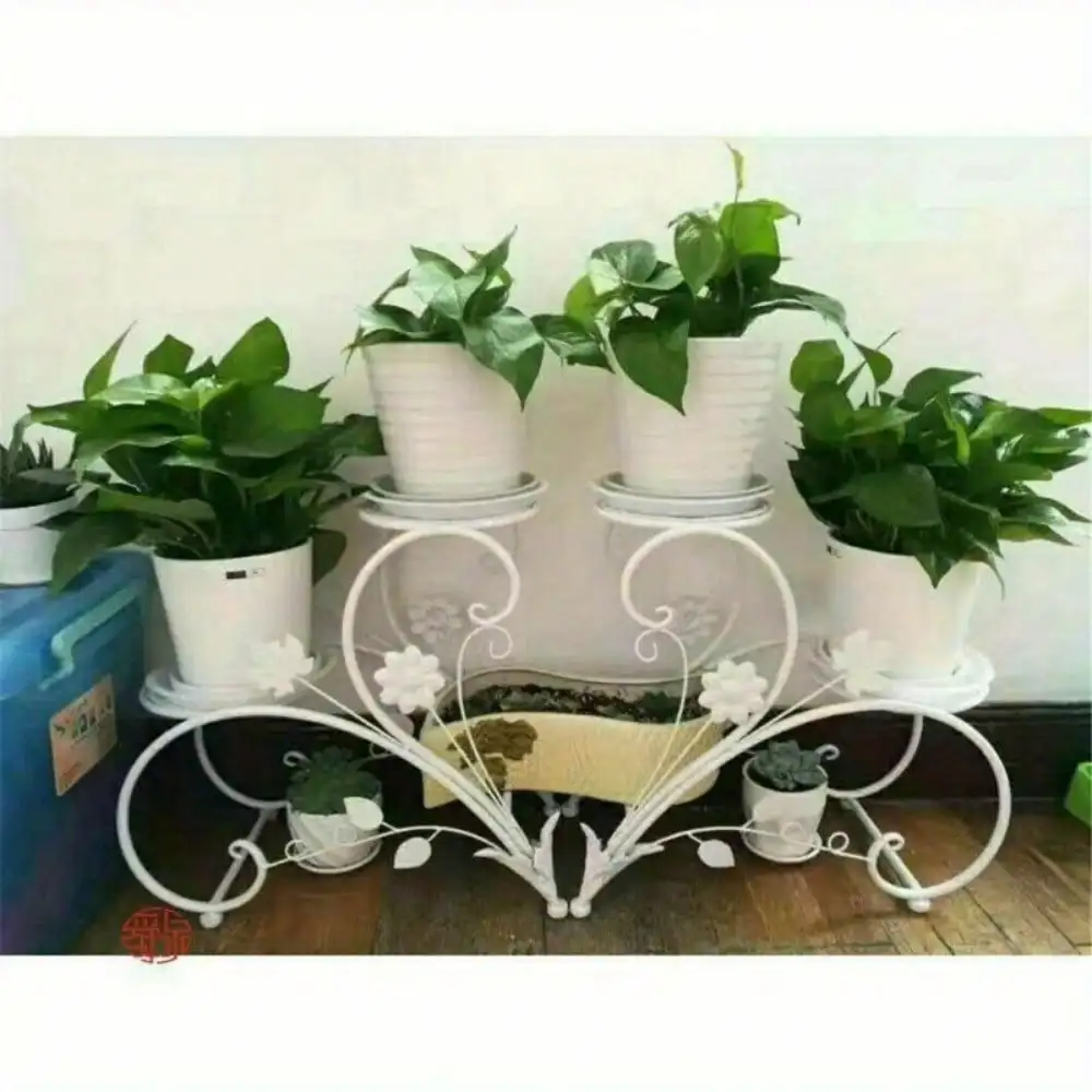 2 Set White Elegant European Style 4 Pot Plant Stand Flower Shelves Iron Outdoor