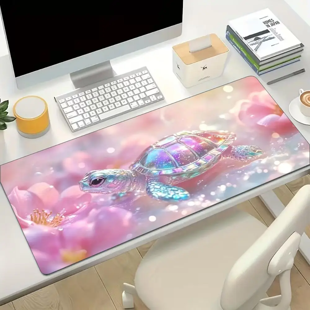 Glitter Sea Turtle Print Gaming Mouse Pad Large Desk Mat Anti-Slip Rubber Base Stitched Edge Keyboard Mat For Workstation